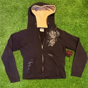 Billabong Black and white Y2K zip up hoodie with rose design